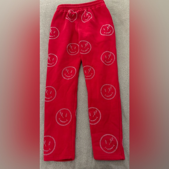 RETROVERT ALL OVER SMILEY FACE IN RHINESTONE RED JOGGERS MEN SIZE LARGE Y2K - Picture 6 of 12
